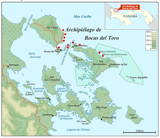 Kaart met surfstranden in de archipel van Bocas del Toro in Panama